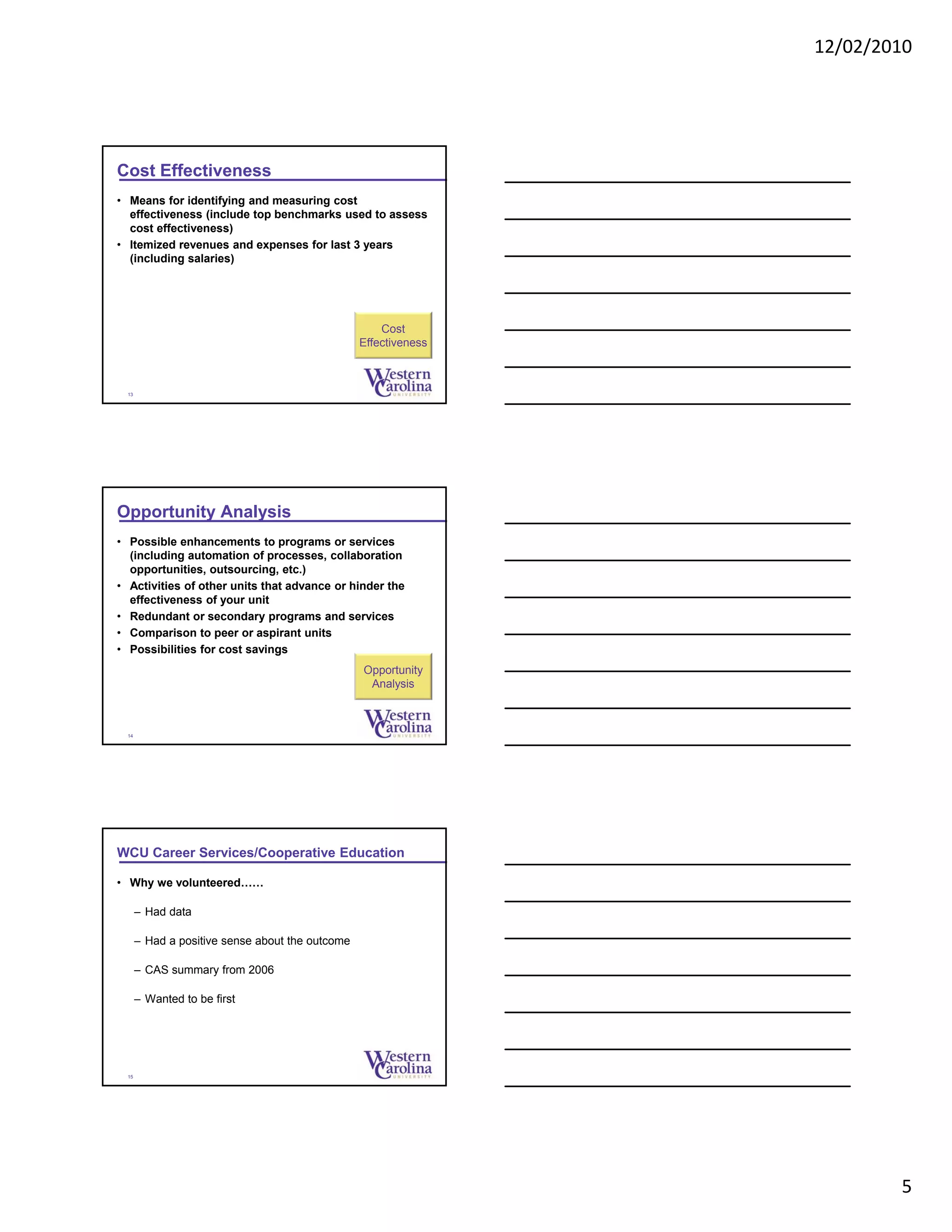 12/02/2010
5
Cost Effectiveness
• Means for identifying and measuring cost
effectiveness (include top benchmarks used to assess
cost effectiveness)
• Itemized revenues and expenses for last 3 years
(including salaries)
13
Cost
Effectiveness
Opportunity Analysis
• Possible enhancements to programs or services
(including automation of processes, collaboration
opportunities, outsourcing, etc.)
• Activities of other units that advance or hinder the
effectiveness of your unit
• Redundant or secondary programs and services
• Comparison to peer or aspirant units
• Possibilities for cost savings
14
Opportunity
Analysis
WCU Career Services/Cooperative Education
• Why we volunteered……
– Had data
– Had a positive sense about the outcome
– CAS summary from 2006
– Wanted to be first
15
 