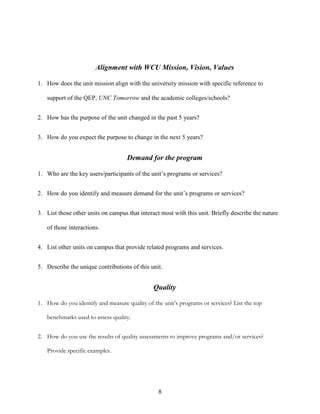 8
Alignment with WCU Mission, Vision, Values
1. How does the unit mission align with the university mission with specific reference to
support of the QEP, UNC Tomorrow and the academic colleges/schools?
2. How has the purpose of the unit changed in the past 5 years?
3. How do you expect the purpose to change in the next 5 years?
Demand for the program
1. Who are the key users/participants of the unit‟s programs or services?
2. How do you identify and measure demand for the unit‟s programs or services?
3. List those other units on campus that interact most with this unit. Briefly describe the nature
of those interactions.
4. List other units on campus that provide related programs and services.
5. Describe the unique contributions of this unit.
Quality
1. How do you identify and measure quality of the unit’s programs or services? List the top
benchmarks used to assess quality.
2. How do you use the results of quality assessments to improve programs and/or services?
Provide specific examples.
 