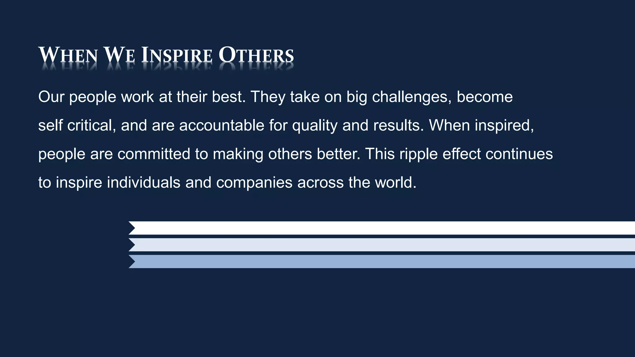 WHEN WE INSPIRE OTHERS
Our people work at their best. They take on big challenges, become
self critical, and are accountable for quality and results. When inspired,
people are committed to making others better. This ripple effect continues
to inspire individuals and companies across the world.
 