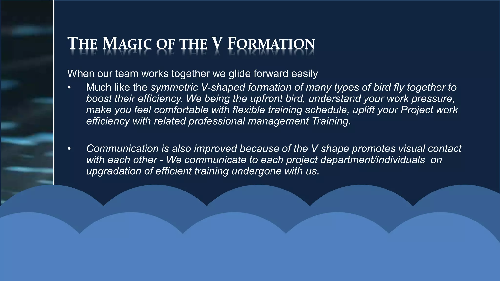 THE MAGIC OF THE V FORMATION
When our team works together we glide forward easily
• Much like the symmetric V-shaped formation of many types of bird fly together to
boost their efficiency. We being the upfront bird, understand your work pressure,
make you feel comfortable with flexible training schedule, uplift your Project work
efficiency with related professional management Training.
• Communication is also improved because of the V shape promotes visual contact
with each other - We communicate to each project department/individuals on
upgradation of efficient training undergone with us.
 