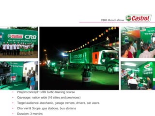 • Project concept: CRB Turbo training course
• Coverage: nation wide (16 cities and provinces)
• Target audience: mechanic, garage owners, drivers, car users.
• Channel & Scope: gas stations, bus stations
• Duration: 3 months
CRB Road show
 