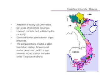  Hải
Phòng
 Lạng
Sơn
Vĩnh
Phúc  
Hải
Dương
 Quảng
Ninh
 Nam
Định
 Huế
 Đà
Nẵng

Đắc
Lắc
 Nha
Trang
 Lâm
Đồng
 Vũng
Tàu
Đồng
Nai 
Tiền
Giang  Vĩnh
Long

Cần
Thơ Bạc
Liêu
Kiên
Giang 
An
Giang

Đồng
Tháp

 Vũng
Tàu
Đồng
Nai 
 Vũng
Tàu
 Lạng
Sơn
Vĩnh
Phúc 
 Hải
Dương
 Hải
Phòng
 Quảng
Ninh
 Nam
Định
• Attraction of nearly 200,000 visitors.
• Coverage of 32 remote provinces
• Low-end products best sold during the
campaign
• Ease distribution penetration in target
provinces.
• The campaign have created a good
foundation strategy for provincial
market penetration, which brings
Motorola to 2nd position in market
share (4th position before)
Roadshow University – Motorola
 