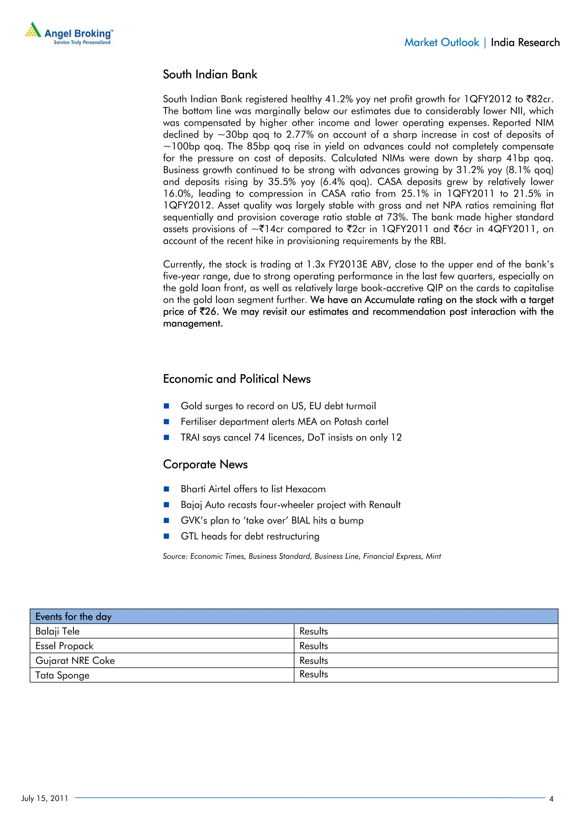Market Outlook | India Research

                        South Indian Bank

                        South Indian Bank registered healthy 41.2% yoy net profit growth for 1QFY2012 to `82cr.
                        The bottom line was marginally below our estimates due to considerably lower NII, which
                        was compensated by higher other income and lower operating expenses. Reported NIM
                        declined by ~30bp qoq to 2.77% on account of a sharp increase in cost of deposits of
                        ~100bp qoq. The 85bp qoq rise in yield on advances could not completely compensate
                        for the pressure on cost of deposits. Calculated NIMs were down by sharp 41bp qoq.
                        Business growth continued to be strong with advances growing by 31.2% yoy (8.1% qoq)
                        and deposits rising by 35.5% yoy (6.4% qoq). CASA deposits grew by relatively lower
                        16.0%, leading to compression in CASA ratio from 25.1% in 1QFY2011 to 21.5% in
                        1QFY2012. Asset quality was largely stable with gross and net NPA ratios remaining flat
                        sequentially and provision coverage ratio stable at 73%. The bank made higher standard
                        assets provisions of ~`14cr compared to `2cr in 1QFY2011 and `6cr in 4QFY2011, on
                        account of the recent hike in provisioning requirements by the RBI.

                        Currently, the stock is trading at 1.3x FY2013E ABV, close to the upper end of the bank’s
                        five-year range, due to strong operating performance in the last few quarters, especially on
                        the gold loan front, as well as relatively large book-accretive QIP on the cards to capitalise
                        on the gold loan segment further. We have an Accumulate rating on the stock with a target
                        price of `26. We may revisit our estimates and recommendation post interaction with the
                        management.




                        Economic and Political News

                             Gold surges to record on US, EU debt turmoil
                             Fertiliser department alerts MEA on Potash cartel
                             TRAI says cancel 74 licences, DoT insists on only 12

                        Corporate News

                             Bharti Airtel offers to list Hexacom
                             Bajaj Auto recasts four-wheeler project with Renault
                             GVK’s plan to ‘take over’ BIAL hits a bump
                             GTL heads for debt restructuring
                        Source: Economic Times, Business Standard, Business Line, Financial Express, Mint




   Events for the day
   Balaji Tele                                                 Results
   Essel Propack                                               Results
   Gujarat NRE Coke                                            Results
   Tata Sponge                                                 Results




July 15, 2011                                                                                                             4
 