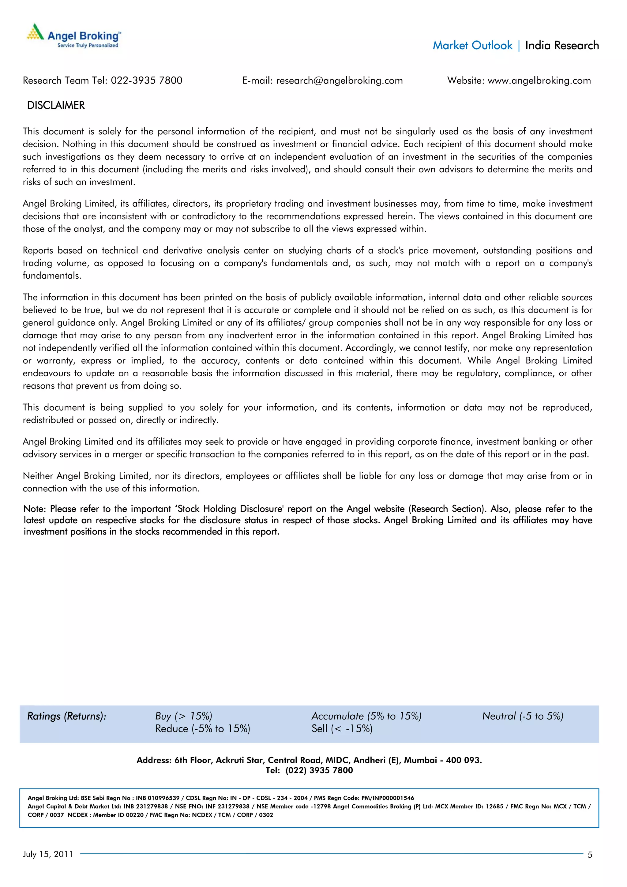 Market Outlook | India Research

Research Team Tel: 022-3935 7800                                     E-mail: research@angelbroking.com                                Website: www.angelbroking.com

 DISCLAIMER

This document is solely for the personal information of the recipient, and must not be singularly used as the basis of any investment
decision. Nothing in this document should be construed as investment or financial advice. Each recipient of this document should make
such investigations as they deem necessary to arrive at an independent evaluation of an investment in the securities of the companies
referred to in this document (including the merits and risks involved), and should consult their own advisors to determine the merits and
risks of such an investment.

Angel Broking Limited, its affiliates, directors, its proprietary trading and investment businesses may, from time to time, make investment
decisions that are inconsistent with or contradictory to the recommendations expressed herein. The views contained in this document are
those of the analyst, and the company may or may not subscribe to all the views expressed within.

Reports based on technical and derivative analysis center on studying charts of a stock's price movement, outstanding positions and
trading volume, as opposed to focusing on a company's fundamentals and, as such, may not match with a report on a company's
fundamentals.

The information in this document has been printed on the basis of publicly available information, internal data and other reliable sources
believed to be true, but we do not represent that it is accurate or complete and it should not be relied on as such, as this document is for
general guidance only. Angel Broking Limited or any of its affiliates/ group companies shall not be in any way responsible for any loss or
damage that may arise to any person from any inadvertent error in the information contained in this report. Angel Broking Limited has
not independently verified all the information contained within this document. Accordingly, we cannot testify, nor make any representation
or warranty, express or implied, to the accuracy, contents or data contained within this document. While Angel Broking Limited
endeavours to update on a reasonable basis the information discussed in this material, there may be regulatory, compliance, or other
reasons that prevent us from doing so.

This document is being supplied to you solely for your information, and its contents, information or data may not be reproduced,
redistributed or passed on, directly or indirectly.

Angel Broking Limited and its affiliates may seek to provide or have engaged in providing corporate finance, investment banking or other
advisory services in a merger or specific transaction to the companies referred to in this report, as on the date of this report or in the past.

Neither Angel Broking Limited, nor its directors, employees or affiliates shall be liable for any loss or damage that may arise from or in
connection with the use of this information.

Note: Please refer to the important ‘Stock Holding Disclosure' report on the Angel website (Research Section). Also, please refer to the
latest update on respective stocks for the disclosure status in respect of those stocks. Angel Broking Limited and its affiliates may have
investment positions in the stocks recommended in this report.




 Ratings (Returns):                      Buy (> 15%)                                       Accumulate (5% to 15%)                                Neutral (-5 to 5%)
                                         Reduce (-5% to 15%)                               Sell (< -15%)

                                   Address: 6th Floor, Ackruti Star, Central Road, MIDC, Andheri (E), Mumbai - 400 093.
                                                                    Tel: (022) 3935 7800


 Angel Broking Ltd: BSE Sebi Regn No : INB 010996539 / CDSL Regn No: IN - DP - CDSL - 234 - 2004 / PMS Regn Code: PM/INP000001546
 Angel Capital & Debt Market Ltd: INB 231279838 / NSE FNO: INF 231279838 / NSE Member code -12798 Angel Commodities Broking (P) Ltd: MCX Member ID: 12685 / FMC Regn No: MCX / TCM /
 CORP / 0037 NCDEX : Member ID 00220 / FMC Regn No: NCDEX / TCM / CORP / 0302




July 15, 2011                                                                                                                                                                     5
 