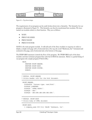 CobolScript®
Developer’s Guide Page 79
MOVE SPACES TO receive_string.
PERFORM ACCEPT-TCPIP-CONNECTIONS UNTIL receive_string(1:4) = `STOP`.
DISPLAY `Shutting down Deskware Server`.
SHUTDOWNSOCKET USING connected_socket_num 1.
CLOSESOCKET USING connected_socket_num.
SHUTDOWNSOCKET USING socket_num 1.
CLOSESOCKET USING socket_num.
GOBACK.
ACCEPT-TCPIP-CONNECTIONS.
MOVE SPACES TO receive_string.
RECEIVESOCKET USING connected_socket_num receive_string.
DISPLAY `TCP/IP return code = `  TCPIP-RETURN-CODE  ``.
DISPLAY `TCP/IP return message = `  TCPIP-RETURN-MESSAGE  ``.
DISPLAY `This was received: `  receive_string.
MOVE `GOT IT` TO send_string.
SENDSOCKET USING connected_socket_num send_string.
DISPLAY `TCP/IP return code = `  TCPIP-RETURN-CODE  ``.
DISPLAY `TCP/IP return message = `  TCPIP-RETURN-MESSAGE  ``.
DISPLAY `This was sent: `  send_string.
The client program (the sample program CLIENT.CBL) requires the same set of TCP/IP data
structures as defined in DNS.CBL, and also the following user-defined variables:
Figure 6.1 – Command prompt with server program running.
 