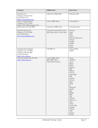 Page 188 CobolScript®
Developer’s Guide
In contrast, the following code is a template of a CobolScript program that makes use of COBOL
division and section headers:
IDENTIFICATION DIVISION.
*************************************************************
* Comment lines are any lines with an asterisk in column 7 *
*************************************************************
PROGRAM-ID. this-filename.
AUTHOR. authors-name.
ENVIRONMENT DIVISION.
CONFIGURATION SECTION.
SOURCE COMPUTER. source-computer-type.
OBJECT COMPUTER. object-computer-type.
DATA DIVISION.
FILE SECTION.
FD filename RECORD IS record-size-in-bytes BYTES.
WORKING-STORAGE SECTION.
01 data-item-name PIC picture-clause VALUE `value`.
01 group-item-name.
05 data-item-name PIC picture-clause VALUE `value`.
01 table-name OCCURS table-size TIMES.
05 data-item-name PIC picture-clause VALUE `value`.
PROCEDURE DIVISION.
module-name.
procedural statement.
.
.
STOP RUN | GOBACK.
module-name.
procedural statement.
.
.
.
.
Division headers, section headers, and module names, when used, must begin in column 8 or higher,
just like code statements.
There are four program division headers, or sentences, that can optionally be specified in CobolScript
programs. These headers indicate the beginning of a particular division to the CobolScript engine.
The division headers are:
• The Identification Division sentence;
• The Environment Division sentence;
 