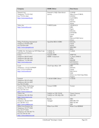 Page 192 CobolScript®
Developer’s Guide
As with the File Section header, specifying the Working-Storage Section header does not preclude
you from placing variable and record definitions elsewhere in your program.
Here’s what one version of a complete Data Division might look like:
DATA DIVISION.
FILE SECTION.
FD `test.dat` RECORD IS 500 BYTES.
1 info_record.
5 ir_cust_name PIC X(18).
5 ir_free_text PIC X(480).
WORKING-STORAGE SECTION.
1 text_input PIC X(40).
1 order_info.
2 cust_info.
3 name PIC X(12).
3 loc PIC $,999.99.
2 order_amt PIC 99.
1 component_1 OCCURS 10 TIMES PIC 99.
The Procedure Division
The Procedure Division is where the logic of your program is located. Since CobolScript code is
executed sequentially, the first line of code in the Procedure Division of a CobolScript program is the
line that will be performed first. Good programming practice warrants the use of modules (also
known as paragraphs) however, so your first code sentence after the Procedure Division sentence
would normally be the name of your first (parent) module. This is conventionally a name like MAIN,
so that the first two lines of the Procedure Division might be:
PROCEDURE DIVISION.
MAIN.
This first paragraph is unique in that it should end with either the STOP RUN or GOBACK
statement. These statements terminate the control flow of the program and prevent subsequent
paragraphs from sequentially executing. A complete main module could look like this:
MAIN.
DISPLAY `This is a test`.
PERFORM MODULE-1.
STOP RUN.
Code modularity is achieved by naming other paragraphs with paragraph header sentences, and then
calling these other named paragraphs with the PERFORM statement, as in the PERFORM above. A
paragraph header sentence is just a module name, with no spaces between characters, and a period
following the name. Like MAIN, which is a paragraph header sentence, the code for a module begins
with the line that follows the header sentence.
A particular paragraph ends where the subsequent one begins, i.e., immediately prior to the next
paragraph header sentence. In the following example, the module MODULE-1 ends with the line
 