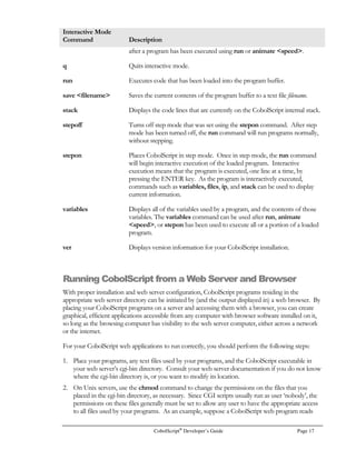 CobolScript®
Developer’s Guide Page 9
Getting Started with CobolScript®
efore you dive headfirst into CobolScript programming, you will need to learn the basics,
like how to edit your CobolScript programs, how to run them, and how to debug them.
This chapter aims to answer the basic logistical questions of CobolScript coding that you
may have, as well as providing a background on CobolScript interactive mode, which contains
some useful debugging tools. With the information here, you’ll be ready to learn the CobolScript
language.
Just as a note, all of the screens shown in this chapter, with the exceptions of the Windows®-specific
information in Figures 2.1 and 2.2, are representative of any CobolScript platform; don’t worry about
whether the figure shows an MS-DOS screen or a Unix screen, because the syntax and output of the
illustration would be the same no matter what the platform.
Creating and Editing CobolScript Programs
Use a standard text editor to create and edit your CobolScript programs. In Windows®, editors such
as Notepad or Wordpad work well. If you use Wordpad, make certain you save your files as text
documents, and specify the extension when naming your program, as in Figure 2.1, or Wordpad will
save the file with a default extension of .txt. Also, in Wordpad you’ll find it easiest if you choose a
Chapter
2
B
I C O N K E Y
Importantpoint
Figure 2.1 – Saving a CobolScript program in the Microsoft® Wordpad Save As dialog box.
 