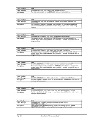 CobolScript®
Developer’s Guide Page 221
Company ODBC Driver Data Source
Transoft, Ltd.
Telephone: 770-933-1965
Fax: 770-933-3464
http://www.transoft.com
Transoft U/SQL Client-Server
(server)
C-ISAM
Micro Focus COBOL
EXTFH
AcuCOBOL
Oracle
Informix
Sybase
Trifox, Inc.
http://www.trifox.com
VORTEXodbc ADABAS D
DB2
Ingres
Informix
GENESIS
Oracle
Rdb
Microsoft SQL Server
Sybase
Trilogy Technology International
Telephone: 818-854-6288
Fax: 818-854-6289
http://www.openpath.com
OpenPath RDA/ODBC Informix
Oracle
Sybase
IBM DB2
RDA
UniSQL, Inc. (for Japan, see NTT Data Corp.
Otherwise, see Cincom.)
UniSQL/X
UniSQL/M
UniSQL
Unisys
Telephone: 800-874-8647
Telephone: 800-448-1424
Telephone: 714-380-6460
http://www.unisys.com
TransIT ODBC
HDBC Component
HMP NX
A_Series: DMS II
LINC
SQLDB
KEYED1011
sequential files
Usoft
Telephone: +31 (0) 35 6990699
Fax: +31 (0) 35 6950124
http://www.usoft.com
USoft Open Rules API DB2
Informix
Oracle
SQL Server
Solid
Sybase (via USoft Open Rules
Engine)
Vertisoft
Telephone: 905-474-1862
Telephone: 800-361-0099
Fax: 905-474-0006
C-ISAM ODBC Driver C-ISAM
Versant Object Technology
Telephone: 510-789-1500
Fax: 510-789-1515
http://www.versant.com
Versant/ODBC Versant
Viaserv, Inc.
Telephone: 800-348-3964
http://www.viaserv.com
ViaSQL for VSE-VSAM
ViaSQL for VSE-SQL/DS
Viaserv Gateway
SQL/DS
Wall Data Inc.
Telephone: 206-814-9255
Fax: 206-861-3175
http://www.walldata.com
Rumba
Arpeggio
DB2
IBM DB/VM
IBM AS/400
IMS
White Cross Systems, Inc.
Telephone: 310-577-8188
Fax: 310-577-8192
Telephone: 44 1344 300 770
Fax: 44 1344 301 424
http://www.whitecross.com
White Cross 9000 White Cross RDBMS
 