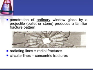penetration of  ordinary  window glass by a projectile (bullet or stone) produces a familiar fracture pattern radiating lines = radial fractures circular lines = concentric fractures 