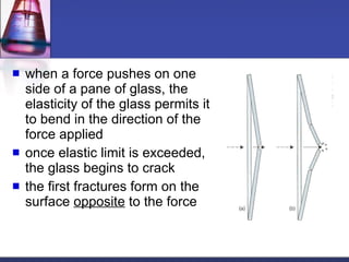 when a force pushes on one side of a pane of glass, the elasticity of the glass permits it to bend in the direction of the force applied once elastic limit is exceeded, the glass begins to crack the first fractures form on the surface  opposite  to the force 