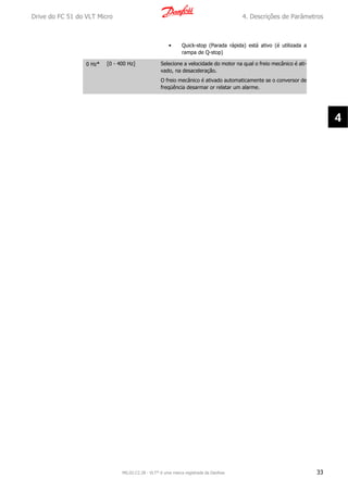 • Quick-stop (Parada rápida) está ativo (é utilizada a
rampa de Q-stop)
0 Hz* [0 - 400 Hz] Selecione a velocidade do motor na qual o freio mecânico é ati-
vado, na desaceleração.
O freio mecânico é ativado automaticamente se o conversor de
freqüência desarmar or relatar um alarme.
Drive do FC 51 do VLT Micro 4. Descrições de Parâmetros
MG.02.C2.28 - VLT® é uma marca registrada da Danfoss 33
4
 