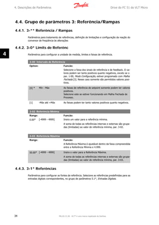 4.4. Grupo de parâmetros 3: Referência/Rampas
4.4.1. 3-** Referência / Rampas
Parâmetros para tratamento de referências, definição de limitações e configuração da reação do
conversor de freqüência às alterações
4.4.2. 3-0* Limits de Referênc
Parâmetros para configurar a unidade de medida, limites e faixas de referência.
3-00 Intervalo de Referência
Option: Funcão:
Selecione a faixa dos sinais de referência e de feedback. O va-
lores podem ser tanto positivos quanto negativos, exceto se o
par. 1-00, Modo Configuração, estiver programado com Malha
Fechada [3]. Nesse caso somente são permitidos valores posi-
tivos.
[0] * Mín - Máx As faixas de referência de setpoint somente podem ter valores
positivos.
Selecione este se estiver funcionando em Malha Fechada de
Processo.
[1] -Máx até +Máx As faixas podem ter tanto valores positivos quanto negativos.
3-02 Referência Mínima
Range: Funcão:
0.00* [-4999 - 4999] Insira um valor para a referência mínima.
A soma de todas as referências internas e externas são grupa-
das (limitadas) ao valor de referência mínima, par. 3-02.
3-03 Referência Máxima
Range: Funcão:
A Referência Máxima é ajustável dentro da faixa compreendida
entre a Referência Mínima e 4.999.
50.00* [-4999 - 4999] Insira o valor para a Referência Máxima.
A soma de todas as referências internas e externas são grupa-
das (limitadas) ao valor de referência mínima, par. 3-03.
4.4.3. 3-1* Referências
Parâmetros para configurar as fontes de referência. Selecione as referências predefinidas para as
entradas digitais correspondentes, no grupo de parâmetros 5.1*, Entradas Digitais.
4. Descrições de Parâmetros Drive do FC 51 do VLT Micro
34 MG.02.C2.28 - VLT® é uma marca registrada da Danfoss
4
 