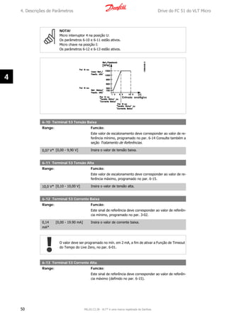 NOTA!
Micro interruptor 4 na posição U:
Os parâmetros 6-10 e 6-11 estão ativos.
Micro chave na posição I:
Os parâmetros 6-12 e 6-13 estão ativos.
6-10 Terminal 53 Tensão Baixa
Range: Funcão:
Este valor de escalonamento deve corresponder ao valor de re-
ferência mínimo, programado no par. 6-14 Consulte também a
seção Tratamento de Referências.
0,07 V* [0,00 - 9,90 V] Insira o valor de tensão baixa.
6-11 Terminal 53 Tensão Alta
Range: Funcão:
Este valor de escalonamento deve corresponder ao valor de re-
ferência máximo, programado no par. 6-15.
10,0 V* [0,10 - 10,00 V] Insira o valor de tensão alta.
6-12 Terminal 53 Corrente Baixa
Range: Funcão:
Este sinal de referência deve corresponder ao valor de referên-
cia mínimo, programado no par. 3-02.
0,14
mA*
[0,00 - 19.90 mA] Insira o valor de corrente baixa.
O valor deve ser programado no mín. em 2 mA, a fim de ativar a Função de Timeout
do Tempo do Live Zero, no par. 6-01.
6-13 Terminal 53 Corrente Alta
Range: Funcão:
Este sinal de referência deve corresponder ao valor de referên-
cia máximo (definido no par. 6-15).
4. Descrições de Parâmetros Drive do FC 51 do VLT Micro
50 MG.02.C2.28 - VLT® é uma marca registrada da Danfoss
4
 