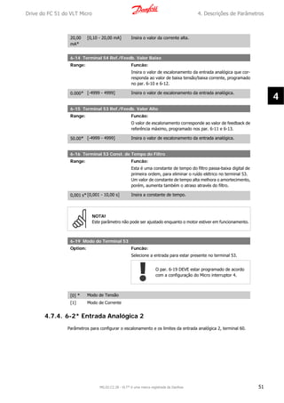 20,00
mA*
[0,10 - 20,00 mA] Insira o valor da corrente alta.
6-14 Terminal 54 Ref./Feedb. Valor Baixo
Range: Funcão:
Insira o valor de escalonamento da entrada analógica que cor-
responda ao valor de baixa tensão/baixa corrente, programado
no par. 6-10 e 6-12.
0.000* [-4999 - 4999] Insira o valor de escalonamento da entrada analógica.
6-15 Terminal 53 Ref./Feedb. Valor Alto
Range: Funcão:
O valor de escalonamento corresponde ao valor de feedback de
referência máximo, programado nos par. 6-11 e 6-13.
50.00* [-4999 - 4999] Insira o valor de escalonamento da entrada analógica.
6-16 Terminal 53 Const. de Tempo do Filtro
Range: Funcão:
Esta é uma constante de tempo do filtro passa-baixa digital de
primeira ordem, para eliminar o ruído elétrico no terminal 53.
Um valor de constante de tempo alta melhora o amortecimento,
porém, aumenta também o atraso através do filtro.
0,001 s*[0,001 - 10,00 s] Insira a constante de tempo.
NOTA!
Este parâmetro não pode ser ajustado enquanto o motor estiver em funcionamento.
6-19 Modo do Terminal 53
Option: Funcão:
Selecione a entrada para estar presente no terminal 53.
O par. 6-19 DEVE estar programado de acordo
com a configuração do Micro interruptor 4.
[0] * Modo de Tensão
[1] Modo de Corrente
4.7.4. 6-2* Entrada Analógica 2
Parâmetros para configurar o escalonamento e os limites da entrada analógica 2, terminal 60.
Drive do FC 51 do VLT Micro 4. Descrições de Parâmetros
MG.02.C2.28 - VLT® é uma marca registrada da Danfoss 51
4
 