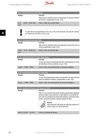 6-22 Terminal 60 Corrente Baixa
Range: Funcão:
Este sinal de referência deve corresponder ao valor de referên-
cia mínimo, programado no par. 3-02.
0,14
mA*
[0,00 - 19.90 mA] Insira o valor de corrente baixa.
O valor deve ser programado no mín. em 2 mA, a fim de ativar a Função de Timeout
do Tempo do Live Zero, no par. 6-01.
6-23 Terminal 60 Corrente Alta
Range: Funcão:
Este sinal de referência deve corresponder ao valor alto de cor-
rente, programado no par. 6-25.
20,00
mA*
[0,10 - 20,00 mA] Insira o valor da corrente alta.
6-24 Terminal 60 Ref./Feedb. Valor Baixo
Range: Funcão:
O valor do sinal de escalonamento deve corresponder ao valor
de referência mínimo, definido no par. 3-02.
0.000* [-4999 - 4999] Insira o valor de escalonamento da entrada analógica.
6-25 Terminal 60 Ref./Feedb. Valor Alto
Range: Funcão:
O valor de escalonamento deve corresponder ao valor de feed-
back de referência máximo, programado no par. 3-03.
50.00* [-4999 - 4999] Insira o valor de escalonamento da entrada analógica.
6-26 Terminal 54 Const. de Tempo do Filtro
Range: Funcão:
Esta é uma constante de tempo do filtro passa-baixa digital de
primeira ordem, para eliminar o ruído elétrico no terminal 54.
Um valor de constante de tempo alta melhora o amortecimento,
porém, aumenta também o atraso através do filtro.
NOTA!
Este parâmetro não pode ser alterado enquanto o
motor estiver em funcionamento.
0,001 s*[0,001 - 10,00 s] Insira a constante de tempo.
4. Descrições de Parâmetros Drive do FC 51 do VLT Micro
52 MG.02.C2.28 - VLT® é uma marca registrada da Danfoss
4
 