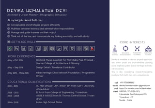 D EVIKA HEMALATHA D EVI
Architect | Urban Planner | Infographic Enthusiast
CORE INTERESTS
RESOURCE
MANAGEMENT
PLACE
MAKING
TRANSPORT
PLANNING
HERITAGE &
TOURISM
SOFTWARE SKILLS
Conceptualize and strategize projects efficiently
Multitask between technical and administrative responsibilities
Manage and guide trainees and their output
Think out of the box, and communicate my thinking succinctly, and with clarity
At my last job, I learnt that I can ...
WORK EX PERIENCE
May - Oct 2016
May - Sep 2016
May 2015 - May 2016
Doctoral Thesis Assistant for Prof. Baby Paul, Principal -
Marian College of Achitecture & Planning
Design Detail / Freelance Contributor
Indian Heritage Cities Network Foundation / Programme
Officer
Devika is available to discuss project opportuni-
ties within urban and environmental planning
(core emphasis: public space, heritage and natu-
ral resources).
She is also considering research/academic
positions that match her core competencies.
+91 9724349662
devika.hemalathadevi @gmail.com
https://in.linkedin.com/in/devikadevi
HRIDYA, TC-9/26-11(1),
Edavakode East Srikaryam PO,
Trivandrum - 17
Kerala - India
call:
write:
visit:
meet
EDUCATIONAL QUALIFICATIONS
2013 - 2015
2008 - 2013
2005 - 2008
1994 - 2005
M. Plan (Major: URP, Minor: EP) from CEPT University,
Ahmedabad
B. Arch from College of Engineering, Trivandrum
AISSE & AISSCE from St. Thomas Central School, Trivan-
drum
Indian High School, Dubai
 