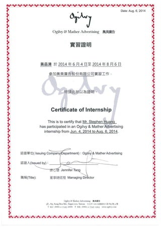 Certificate of Internship at O&M - TG