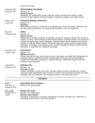 products for damage.
September 2012 Select Staffing: New Breed
to January 2013 Memphis, TN
Quality Controller
Knowledge and understanding of parts, materials, quality assurance final inspector, quality
assurance receipt inspector, working knowledge of blueprints, soldering, and supply sources.
January 2013 Paramount Staffing: Technicolor
to May 2013 Memphis, TN
Assembler
Responsible for producing components by assembling parts and subassemblies. Maintained safe
and clean working environment by complying with procedures, rules, and regulations.
May 2013 FedEx
to October 2015 Memphis, TN
Material Handler
Responsible for providing movement of packages, documents, dangerous goods and/or supplying
support in a timely, safe and efficient manner through effective scan/load methods. Ensured the use
of safety procedures when handling packages. Loaded/unloaded aircraft containers and company
vehicles in a safe and efficient manner. Ensured all cargo was properly secured. Located sorting
information on packages. Used trackers, scans and sorts packages according to service type and
destination, in compliance with established procedures.
December 2015 Lyfe Kitchen
to March 2016 Memphis, TN
DRS/Server/Cashier
Primary duty was to provide good customer service, take orders, and deliver food. Responsible for
processing payment, greeting customers, cleaning tables and dining area and setting tables.
Promptly and methodically responded to customer inquiries to identify and resolve issues with
initiative and good judgment.
August 2016 Kelly Services
to January 2017 Memphis, TN
Inventory, Verifier
Initiated investigation of order entry errors, damaged product and return discrepancies, working
closing with other departmental teams to ensure corrections were processed accurately and timely.
Developed personal organization and multitasking skills in a fast paced environment.
Education
G.E.D. Hope Works G.E.D. Program
June 2014 to Memphis, TN, United States
September 2014
22.5 credits Strayer University
October 2015 to Memphis, TN, United States
current Business Administration
Coursework in Introduction to Business, Management Concepts, Business Law I, Introduction to
Psychology, World Cultures I and World Cultures II
 