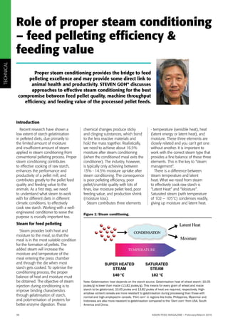 TECHNICAL
36	 ASIAN FEED MAGAZINE – February/March 2016
Introduction
Recent research have shown a
low extent of starch gelatinisation
in pelleted diets, due primarily to
the limited amount of moisture
and insufficient amount of steam
applied in steam conditioning from
conventional pelleting process. Proper
steam conditioning contributes
to effective cooking of raw starch,
enhances the performance and
productivity of a pellet mill, and
contributes greatly to the pellet feed
quality and feeding value to the
animals. As a first step, we need
to understand what steam to work
with for different diets in different
climatic conditions, to effectively
cook raw starch. Working with a well-
engineered conditioner to serve the
purpose is crucially important too.
Steam for feed pelleting
Steam provides both heat and
moisture to the meal, so that the
meal is in the most suitable condition
for the formation of pellets. The
added steam will increase the
moisture and temperature of the
meal entering the press chamber
and through the die when most
starch gets cooked. To optimise the
conditioning process, the proper
balance of heat and moisture must
be obtained. The objective of steam
injection during conditioning is to
improve binding characteristics
through gelatinisation of starch,
and polymerisation of proteins for
better enzyme digestion. These
Role of proper steam conditioning
– feed pelleting efficiency &
feeding value
Proper steam conditioning provides the bridge to feed
pelleting excellence and may provide some direct link to
animal health and productivity. STEVEN GOH* discusses
approaches to effective steam conditioning for the best
compromise between feed pellet quality, machine throughput
efficiency, and feeding value of the processed pellet feeds.
chemical changes produce sticky
and clinging substances, which bond
to the less reactive materials and
hold the mass together. Realistically,
we need to achieve about 16.5%
moisture after steam conditioning
(when the conditioned meal exits the
conditioner). The industry, however,
is typically only achieving between
13% - 14.5% moisture up-take after
steam conditioning. The consequence
is poor pelleting efficiency, poor
pellet/crumble quality with lots of
fines, low moisture pellet feed, poor
feeding value, and production shrink
(moisture loss).
Steam contributes three elements
- temperature (sensible heat), heat
(latent energy or latent heat), and
moisture. These three elements are
closely related and you can’t get one
without another. It is important to
work with the correct steam type that
provides a fine balance of these three
elements. This is the key to “steam
management“.
There is a difference between
steam temperature and latent
heat. What we need from steam
to effectively cook raw starch is
“Latent Heat“ and “Moisture“.
Saturated steam (with temperature
of 102 – 105˚C) condenses readily,
giving up moisture and latent heat.
Figure 1: Steam conditioning.
Note: Gelatinisation heat depends on the starch source. Gelatinisation heat of wheat starch (10.05
joules/g) is lower than maize (13.82 joules/g). This means for every gram of wheat and maize
starch to be gelatinized, 10.05 joules and 13.82 joules of heat are required, respectively. High-
amylose content cereals are more resistant to gelatinisation during processing than those with
normal and high amylopectin cereals. ‘Flint corn’ in regions like India, Philippines, Myanmar and
Indonesia are also more resistant to gelatinisation compared to the ‘Dent corn’ from USA, South
America and China.
 
