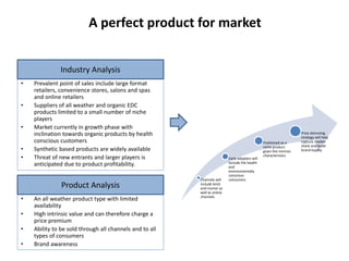 A perfect product for market
• Prevalent point of sales include large format
retailers, convenience stores, salons and spas
and online retailers
• Suppliers of all weather and organic EDC
products limited to a small number of niche
players
• Market currently in growth phase with
inclination towards organic products by health
conscious customers
• Synthetic based products are widely available
• Threat of new entrants and larger players is
anticipated due to product profitability.
Industry Analysis
• An all weather product type with limited
availability
• High intrinsic value and can therefore charge a
price premium
• Ability to be sold through all channels and to all
types of consumers
• Brand awareness
Product Analysis
Channels will
include brick
and mortar as
well as online
channels
Early adopters will
include the health
and
environmentally
conscious
consumers
Positioned as a
niche product
given the intrinsic
characteristics
Price skimming
strategy will help
capture market
share and build
brand loyalty
 