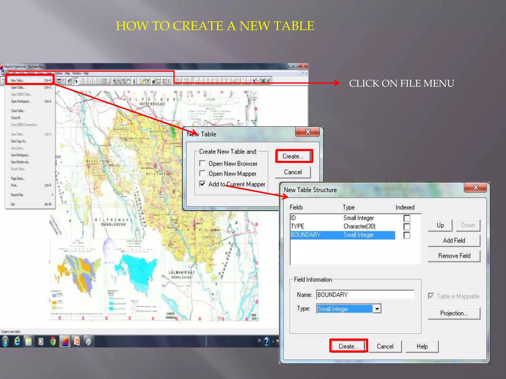 HOW TO CREATE A NEW TABLE
CLICK ON FILE MENU
 