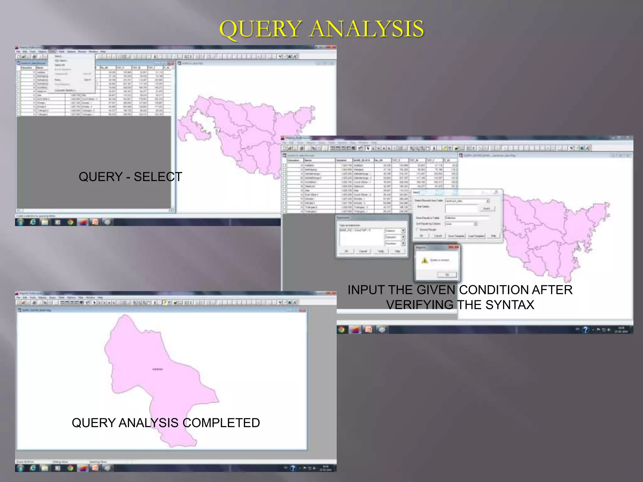 QUERY ANALYSIS
QUERY - SELECT
INPUT THE GIVEN CONDITION AFTER
VERIFYING THE SYNTAX
QUERY ANALYSIS COMPLETED
 