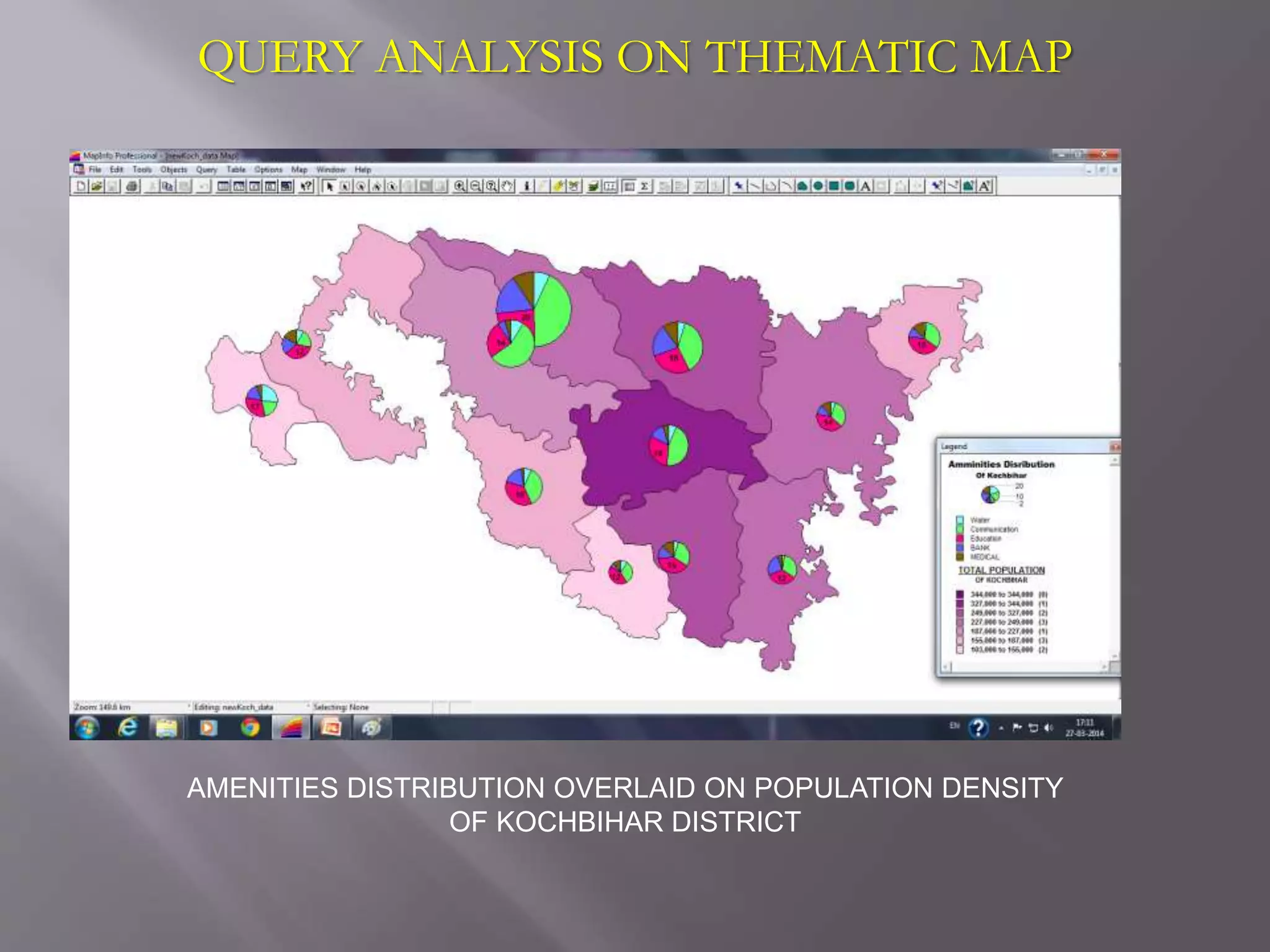 QUERY ANALYSIS ON THEMATIC MAP
AMENITIES DISTRIBUTION OVERLAID ON POPULATION DENSITY
OF KOCHBIHAR DISTRICT
 
