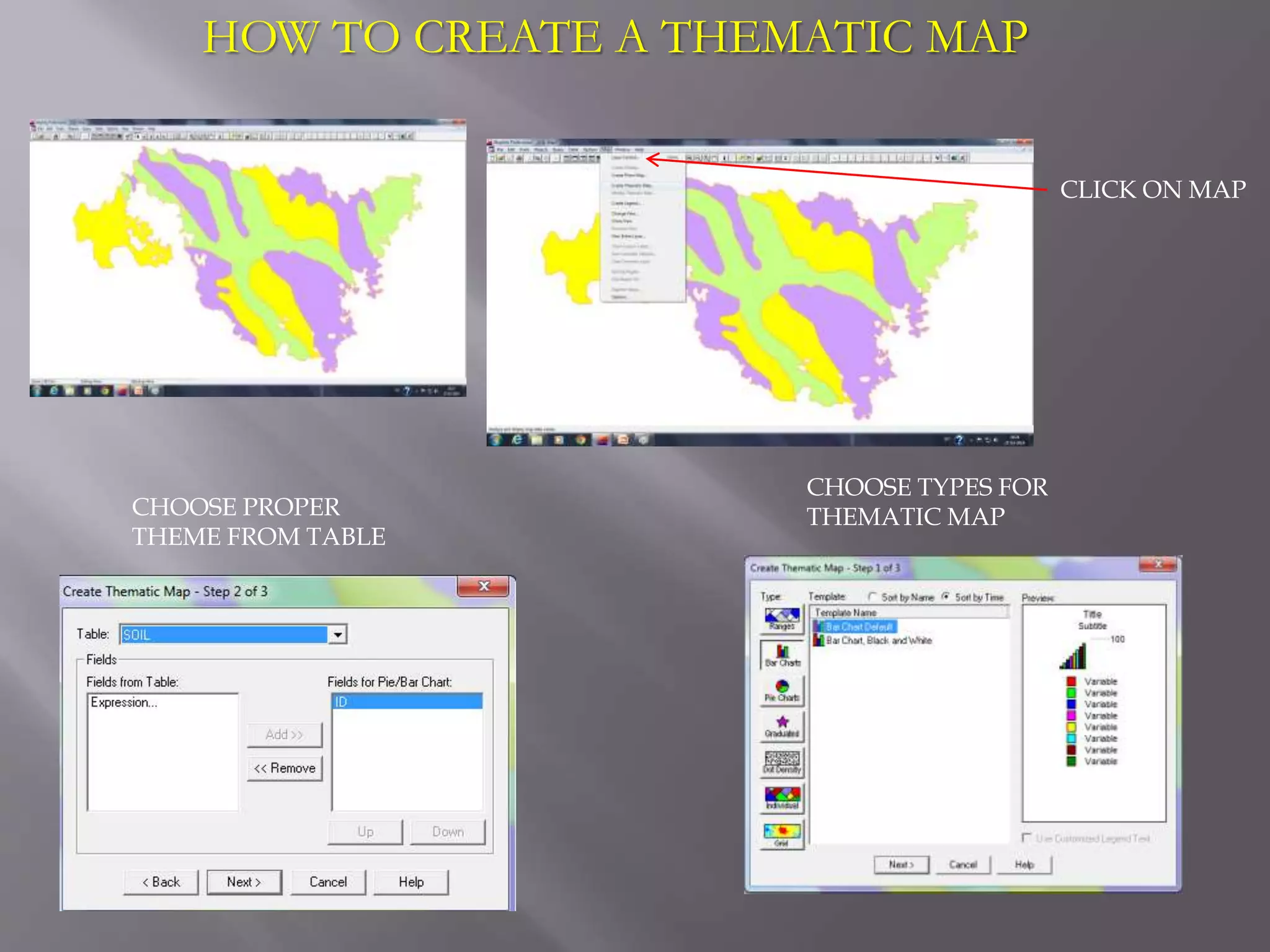 HOW TO CREATE A THEMATIC MAP
CLICK ON MAP
CHOOSE TYPES FOR
THEMATIC MAPCHOOSE PROPER
THEME FROM TABLE
 