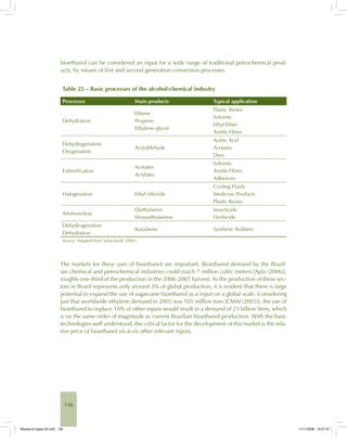136
bioethanol can be considered an input for a wide range of traditional petrochemical prod-
ucts, by means of first and second generation conversion processes.
Table 25 – Basic processes of the alcohol-chemical industry
Processes Main products Typical application
Dehydration
Ethene
Propene
Ethylene-glycol
Plastic Resins
Solvents
Ethyl Ether
Textile Fibres
Dehydrogenation
Oxygenation
Acetaldehyde
Acetic Acid
Acetates
Dyes
Estherification
Acetates
Acrylates
Solvents
Textile Fibres
Adhesives
Halogenation Ethyl chloride
Cooling Fluids
Medicine Products
Plastic Resins
Ammonolysis
Diethylamin
Monoethylamine
Insecticide
Herbicide
Dehydrogenation
Dehydration
Butadiene Synthetic Rubbers
Source: Adapted from Schuchardt (2001).
The markets for these uses of bioethanol are important. Bioethanol demand by the Brazil-
ian chemical and petrochemical industries could reach 7 million cubic meters [Apla (2006)],
roughly one-third of the production in the 2006-2007 harvest. As the production of these sec-
tors in Brazil represents only around 3% of global production, it is evident that there is large
potential to expand the use of sugarcane bioethanol as a input on a global scale. Considering
just that worldwide ethylene demand in 2005 was 105 million tons [CMAI (2005)], the use of
bioethanol to replace 10% of other inputs would result in a demand of 23 billion litres, which
is on the same order of magnitude as current Brazilian bioethanol production. With the basic
technologies well understood, the critical factor for the development of this market is the rela-
tive price of bioethanol vis-à-vis other relevant inputs.
Bioetanol-Ingles-05.indd 136Bioetanol-Ingles-05.indd 136 11/11/2008 16:27:4711/11/2008 16:27:47
 