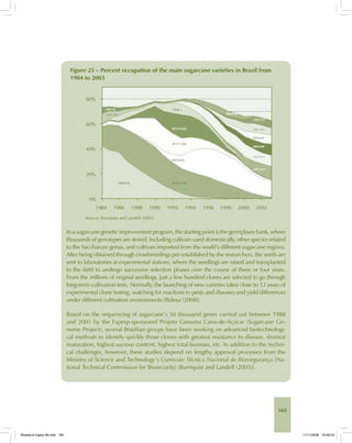 165
Figure 25 – Percent occupation of the main sugarcane varieties in Brazil from
1984 to 2003
Source: Burnquist and Landell (2005).
In a sugarcane genetic improvement program, the starting point is the germplasm bank, where
thousands of genotypes are stored, including cultivars used domestically, other species related
to the Saccharum genus, and cultivars imported from the world’s different sugarcane regions.
After being obtained through crossbreedings pre-established by the researchers, the seeds are
sent to laboratories at experimental stations, where the seedlings are raised and transplanted
to the field to undergo successive selection phases over the course of three or four years.
From the millions of original seedlings, just a few hundred clones are selected to go through
long-term cultivation tests. Normally, the launching of new varieties takes close to 13 years of
experimental clone testing, watching for reactions to pests and diseases and yield differences
under different cultivation environments [Ridesa (2008)].
Based on the sequencing of sugarcane’s 50 thousand genes carried out between 1988
and 2001 by the Fapesp-sponsored Projeto Genoma Cana-de-Açúcar (Sugarcane Ge-
nome Project), several Brazilian groups have been working on advanced biotechnologi-
cal methods to identify quickly those clones with greatest resistance to disease, shortest
maturation, highest sucrose content, highest total biomass, etc. In addition to the techni-
cal challenges, however, these studies depend on lengthy approval processes from the
Ministry of Science and Technology’s Comissão Técnica Nacional de Biossegurança (Na-
tional Technical Commission for Biosecurity) [Burnquist and Landell (2005)].
Bioetanol-Ingles-06.indd 165Bioetanol-Ingles-06.indd 165 11/11/2008 16:28:2311/11/2008 16:28:23
 