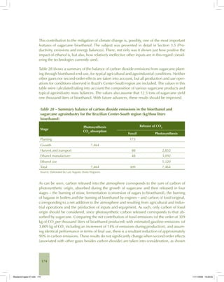 174
This contribution to the mitigation of climate change is, possibly, one of the most important
features of sugarcane bioethanol. The subject was presented in detail in Section 3.5 (Pro-
ductivity, emissions and energy balances). There, not only was it shown just how positive the
impact of ethanol is, but also, how relatively ineffective other inputs are in this regard consid-
ering the technologies currently used.
Table 28 shows a summary of the balance of carbon dioxide emissions from sugarcane plant-
ing through bioethanol end-use, for typical agricultural and agroindustrial conditions. Neither
other gases nor second-order effects are taken into account, but all production and use oper-
ations for conditions observed in Brazil’s Center-South region are included. The values in this
table were calculated taking into account the composition of various sugarcane products and
typical agroindustry mass balances. The values also assume that 12.5 tons of sugarcane yield
one thousand liters of bioethanol. With future advances, these results should be improved.
Table 28 – Summary balance of carbon dioxide emissions in the bioethanol and
sugarcane agroindustry for the Brazilian Center-South region (kg/thou liters
bioethanol)
Stage
Photosynthesis
CO2
absorption
Release of CO2
Fossil Photosynthesis
Planting 173
Growth 7,464
Harvest and transport 88 2,852
Ethanol manufacture 48 3,092
Ethanol use 1,520
Total 7,464 309 7,464
Source: Elaborated by Luiz Augusto Horta Nogueira.
As can be seen, carbon released into the atmosphere corresponds to the sum of carbon of
photosynthetic origin, absorbed during the growth of sugarcane and then released in four
stages – the burning of straw, fermentation (conversion of sugars to bioethanol), the burning
of bagasse in boilers and the burning of bioethanol by engines – and carbon of fossil original,
corresponding to a net addition to the atmosphere and resulting from agricultural and indus-
trial operations and the production of inputs and equipment. As such, only carbon of fossil
origin should be considered, since photosynthetic carbon released corresponds to that ab-
sorbed by sugarcane. Comparing the net contribution of fossil emissions (of the order of 309
kg of CO2
per thousand liters of bioethanol produced) with estimated gasoline emissions (of
3,009 kg of CO2
including an increment of 14% of emissions during production), and assum-
ing identical performance in terms of final use, there is a resultant reduction of approximately
90% in carbon emissions. These results do not significantly change when second order effects
(associated with other gases besides carbon dioxide) are taken into consideration, as shown
Bioetanol-Ingles-07.indd 174Bioetanol-Ingles-07.indd 174 11/11/2008 16:29:0011/11/2008 16:29:00
 