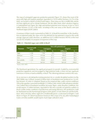 192
The map of unirrigated sugarcane production potential (Figure 27), shows that most of the
areas with high and medium potential, equivalent to 121.8 million hectares (33.7% of the
total), are located in Brazil’s Central-South region. These areas are flat or mildly hilly and do
not have significant soil or climate limitations. On the other hand, when salvation irrigation
is contemplated (see Figure 28), high and medium potential areas increase in size to 135.9
million hectares (37.6% of the total), including in this case areas of the Brazil’s semi-arid
Northeast region [CGEE (2005)].
A summary of these results is presented on Table 31. It should be noted that, in the classifica-
tion of expected yields, the value of 65 t/ha defined for low potential is equal to the world
average sugarcane yield; therefore, an additional 167.5 million hectares (46.4%) of the total
can also be included, for purposes of expansion of this crop.
Table 31 – Potential sugar cane yields in Brazil
Potential
Expected yield
(t/ha)
Area with potential use
Unirrigated Irrigated
Million ha % Million ha %
High > 80 7.90 2.2 37.92 10.5
Medium >73 113.90 31.5 98.02 27.1
Low > 65 149.22 41.3 167.65 46.4
Not suitable < 65 90.60 25.1 58.00 16.0
Total – 361.62 100.0 361.59 100.0
Source: CGEE (2005).
The bioethanol agroindustry has significant prospects for growth. Guided by environmental
protection regulations and encouraged by high potential yields, it does not face significant
restrictions in terms of land availability in Brazil. The following estimates reinforce this view.
As an exercise in calculating the existing potential, let us consider the global numbers for the
2007/2008 crop: in Brazil, around 22 billion liters of bioethanol were produced on 3.6 mil-
lion hectares. In order to substitute (based on this empirical data, under current conditions)
10% of the gasoline consumed worldwide (1.3 billion cubic meters) with anhydrous alcohol,
136.5 billion liters of bioethanol would be necessary. Again, under Brazilian conditions, this
would require 23 million hectares, equivalent to the area currently occupied by soybean in
Brazil. Under similar conditions of productivity and energy efficiency, this production could
be distributed over the humid tropical regions of the planet, in Latin American and the Carib-
bean, Africa and Asia, where sugarcane is traditionally grown, as discussed in Chapter 3 and
shown in Figure 29. Biofuel production based on other crops or by any other technological
routes currently available would require much larger cultivation areas.
Bioetanol-Ingles-07.indd 192Bioetanol-Ingles-07.indd 192 11/11/2008 16:29:0811/11/2008 16:29:08
 