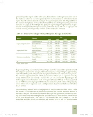 201
productivity in this region. On the other hand, the number of workers per production unit in
the Northeast is three to four times greater than the numbers observed in the Center-South
region [Macedo (2005a)]. Indeed, relating all the sugarcane production data [Mapa (2007)] to
the number of employees in the sector [Moraes (2007)] reveals the productivity per worker
indicated in Graph 35. According to this graph, the significant gain in productivity in agro-
industry in the Center-South region is evident, with levels of over 500 tons of sugarcane per
worker; however, no change in the numbers for the Northeast is observed.
Table 33 – Direct formal jobs per activity and region in the sugar-alcohol sector
Activity Region
Year
2000 2002 2004 2005
Sugarcane production
North Northeast 81,191 86,329 104,820 100,494
Central-South 275,795 281,291 283,820 314,174
Brazil 356,986 367,620 388,121 414,668
Sugar production
North Northeast 143,303 174,934 211,864 232,120
Central-South 74,421 126,939 193,626 207,453
Brazil 217,724 301,873 405,490 439,573
Bioethanol production
North Northeast 25,730 28,244 26,342 31,829
Central-South 42,408 66,856 80,815 96,534
Brazil 68,138 95,100 107,157 128,363
All Brazil 642,848 764,593 900,768 982,604
Source: Moraes (2005).
Sugarcane planting, pest control and harvesting in particular represent the greatest demand
for temporary personnel in a sugar and bioethanol plant, corresponding to approximately
70% of hired labor, with different levels of employment for harvest and non-harvest periods.
For a modern agroindustrial unit, which processes two million tons of sugarcane annually,
nearly 2,500 workers are needed, a number that can vary considerably depending on the
technological and mechanization levels of the plant [Macedo (2005a)]. In the study carried
out by NIPE/Unicamp on groups of 15 bioethanol production plants with a milling capacity
of two million tons of sugarcane each, a total generation of 22 thousand jobs was estimated.
[CGEE (2005)].
The relationship between levels of employment at harvest and non-harvest time is called
the seasonal factor and makes it possible to determine how variable personnel demand is
throughout the year. The seasonality of jobs in the sugarcane agroindustry has been decreas-
ing as a consequence of extending harvests and higher levels of mechanization. The numbers
in São Paulo dropped from 2.2 in 1980 to 1.8 at the end of the 1980s, and fell to 1.3 in the
mid 1990s [Macedo (2005a)]. For reference, the seasonal factor of rice is 7, beans between
Bioetanol-Ingles-07.indd 201Bioetanol-Ingles-07.indd 201 11/11/2008 16:29:1111/11/2008 16:29:11
 