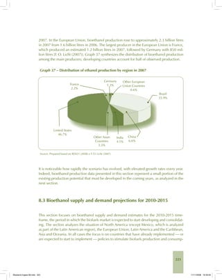 223
2007. In the European Union, bioethanol production rose to approximately 2.3 billion litres
in 2007 from 1.6 billion litres in 2006. The largest producer in the European Union is France,
which produced an estimated 1.2 billion litres in 2007, followed by Germany with 850 mil-
lion litres [F. O. Licht (2007)]. Graph 37 synthesizes the distribution of bioethanol production
among the main producers; developing countries account for half of observed production.
Graph 37 – Distribution of ethanol production by region in 2007
Source: Prepared based on REN21 (2008) e F. O. Licht (2007).
It is noticeable how rapidly the scenario has evolved, with elevated growth rates every year.
Indeed, bioethanol production data presented in this section represent a small portion of the
existing production potential that must be developed in the coming years, as analyzed in the
next section.
8.3 Bioethanol supply and demand projections for 2010-2015
This section focuses on bioethanol supply and demand estimates for the 2010-2015 time-
frame, the period in which the biofuels market is expected to start developing and consolidat-
ing. The section analyzes the situation of North America (except Mexico, which is analyzed
as part of the Latin American region), the European Union, Latin America and the Caribbean,
Asia and Oceania. In all cases the focus is on countries that have already implemented — or
are expected to start to implement — policies to stimulate biofuels production and consump-
Bioetanol-Ingles-08.indd 223Bioetanol-Ingles-08.indd 223 11/11/2008 16:30:0011/11/2008 16:30:00
 