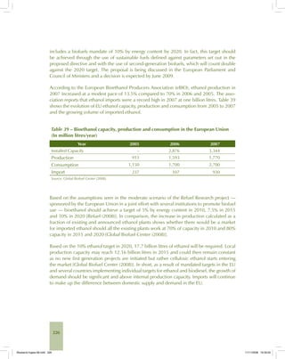226
includes a biofuels mandate of 10% by energy content by 2020. In fact, this target should
be achieved through the use of sustainable fuels defined against parameters set out in the
proposed directive and with the use of second-generation biofuels, which will count double
against the 2020 target. The proposal is being discussed in the European Parliament and
Council of Ministers and a decision is expected by June 2009.
According to the European Bioethanol Producers Association (eBIO), ethanol production in
2007 increased at a modest pace of 13.5% compared to 70% in 2006 and 2005. The asso-
ciation reports that ethanol imports were a record high in 2007 at one billion litres. Table 39
shows the evolution of EU ethanol capacity, production and consumption from 2005 to 2007
and the growing volume of imported ethanol.
Table 39 – Bioethanol capacity, production and consumption in the European Union
(In million litres/year)
Year 2005 2006 2007
Installed Capacity – 2,876 3,344
Production 913 1,593 1,770
Consumption 1,150 1,700 2,700
Import 237 107 930
Source: Global Biofuel Center (2008).
Based on the assumptions seen in the moderate scenario of the Refuel Research project —
sponsored by the European Union in a joint effort with several institutions to promote biofuel
use — bioethanol should achieve a target of 5% by energy content in 2010, 7.5% in 2015
and 10% in 2020 [Refuel (2008)]. In comparison, the increase in production calculated as a
fraction of existing and announced ethanol plants shows whether there would be a market
for imported ethanol should all the existing plants work at 70% of capacity in 2010 and 80%
capacity in 2015 and 2020 [Global Biofuel Center (2008)].
Based on the 10% ethanol target in 2020, 17.7 billion litres of ethanol will be required. Local
production capacity may reach 12.16 billion litres in 2015 and could then remain constant
as no new first generation projects are initiated but rather cellulosic ethanol starts entering
the market [Global Biofuel Center (2008)]. In short, as a result of mandated targets in the EU
and several countries implementing individual targets for ethanol and biodiesel, the growth of
demand should be significant and above internal production capacity. Imports will continue
to make up the difference between domestic supply and demand in the EU.
Bioetanol-Ingles-08.indd 226Bioetanol-Ingles-08.indd 226 11/11/2008 16:30:0011/11/2008 16:30:00
 