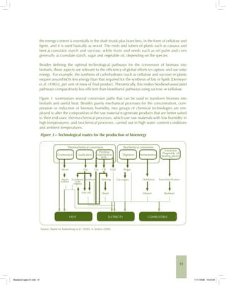 31
the energy content is essentially in the shaft (trunk plus branches), in the form of cellulose and
lignin, and it is used basically as wood. The roots and tubers of plants such as cassava and
beet accumulate starch and sucrose, while fruits and seeds such as oil palm and corn
generally accumulate starch, sugar and vegetable oil, depending on the species.
Besides defining the optimal technological pathways for the conversion of biomass into
biofuels, these aspects are relevant to the efficiency of global efforts to capture and use solar
energy. For example, the synthesis of carbohydrates (such as cellulose and sucrose) in plants
require around 60% less energy than that required for the synthesis of fats or lipids [Demeyer
et al. (1985)], per unit of mass of final product. Theoretically, this makes biodiesel-associated
pathways comparatively less efficient than bioethanol pathways using sucrose or cellulose.
Figure 3 summarizes several conversion paths that can be used to transform biomass into
biofuels and useful heat. Besides purely mechanical processes for the concentration, com-
pression or reduction of biomass humidity, two groups of chemical technologies are em-
ployed to alter the composition of the raw material to generate products that are better suited
to their end uses: thermo-chemical processes, which use raw materials with low humidity in
high temperatures; and biochemical processes, carried out in high water content conditions
and ambient temperatures.
Figure 3 – Technological routes for the production of bioenergy
Combustion
Steam Gas Gas Oil Coal Biogas
Steam
turbine
Combined
cycle
engines
Synthesis Refining Gas engine Distillation Trans-Esterification
Fuel cell Diesel Ethanol Biodiesel
Gasification Digestion Fermentation
Pyrolysis
Liquefaction
HTU
Extraction
(Vegetable oil
bearing plants)
Thermochemical conversion
HEAT ELETRICITY COMBUSTIBLE
Biochemical conversion
Source: Based on Turkenburg et al. (2000), in Seabra (2008).
Bioetanol-Ingles-01.indd 31Bioetanol-Ingles-01.indd 31 11/11/2008 16:24:4911/11/2008 16:24:49
 