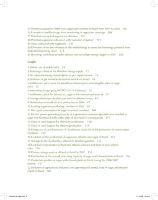 25 Percent occupation of the main sugarcane varieties in Brazil from 1984 to 2003 165
26 Example of satellite image from monitoring of vegetation coverage 184
27 Potential unirrigated sugarcane cultivation 191
28 Potential sugarcane cultivation with “salvation irrigation” 191
29 Areas cultivated with sugarcane 193
30 Overview of the key elements in the methodology to assess the bioenergy potential from
dedicated bioenergy crops 214
31 Bioenergy contribution to the primary and secondary energy supply in 2007 220
Graphs
1 Global use of arable lands 29
2 Bioenergy’s share of the Brazilian energy supply 33
3 Per capita bioenergy consumption vs. per capita income 35
4 Evolution of gas emissions from new vehicles in Brazil 48
5 Indifference price curve for anhydrous ethanol price according the price of sugar
price 52
6 International sugar price (NYBOT Nº 11 Contracts) 54
7 Indifference price for ethanol vs. sugar in the international market 54
8 Average ethanol productivity per area for different crops 67
9 Distribution of world ethanol production in 2006 67
10 Leading sugarcane producing countries in 2005 69
11 Per capita consumption of sugar in several countries 104
12 Electric power generating capacity of cogeneration systems expected to be installed in
sugar and bioethanol mills in the State of São Paulo in coming years 110
13 Value of used bagasse for electricity production 110
14 Value of used bagasse for ethanol production 112
15 Energy use (a) and Emissions of Greenhouse Gases (b) in the production of various types
of plastics 139
16 Evolution of the production of sugarcane, ethanol and sugar in Brazil 153
17 Average levels of anhydrous ethanol in Brazilian gasoline 153
18 Evolution of production of hydrated ethanol vehicles and share in new vehicle
sales 154
19 Primary energy sources utilized in Brazil in 2007 155
20 Distribution of the annual processing capacity of sugar and ethanol plants in Brazil 156
21 Production profiles of sugar and ethanol plants in Brazil during the 2006/2007
harvest 157
22 Evolution of agricultural, industrial and agroindustrial productivity in sugar and ethanol
plants in Brazil 160
Bioetanol-00 Inglês.indd 8Bioetanol-00 Inglês.indd 8 11/11/2008 16:23:4511/11/2008 16:23:45
 