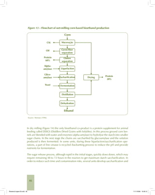 82
Figure 13 – Flowchart of wet-milling corn-based bioethanol production
Source: Wyman (1996).
In dry milling (Figure 14) the only bioethanol co-product is a protein supplement for animal
feeding called DDGS (Distillers Dried Grains with Solubles). In this process ground corn ker-
nels are blended with water and enzymes (alpha-amylase) to hydrolyse the starch into smaller
sugar chains. In the next stage the chains are saccharified by glucoamylase and the solution
produced is then fermented. In some units, during these liquefaction/saccharification ope-
rations, a part of fine vinasse is recycled (backsetting process) to reduce the pH and provide
nutrients for fermentation.
The sugar release process, although rapid in the initial stages, quickly slows down, which may
require remaining 48 to 72 hours in the reactors to get maximum starch saccharification. In
order to reduce such time and contamination risks, several units develop saccharification and
Bioetanol-Ingles-03.indd 82Bioetanol-Ingles-03.indd 82 11/11/2008 16:26:1211/11/2008 16:26:12
 