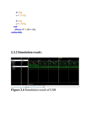 #100;
s = 2'b10;
#100;
s = 2'b00;
end
always #50 clk=~clk;
endmodule
2.3.2 Simulationresult:
Figure 2.4 Simulation result of USR
 