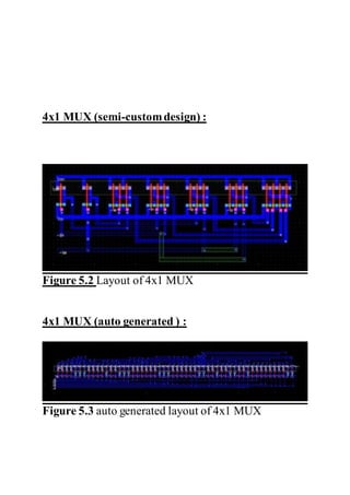 4x1 MUX (semi-customdesign) :
Figure 5.2 Layout of 4x1 MUX
4x1 MUX (auto generated ) :
Figure 5.3 auto generated layout of 4x1 MUX
 