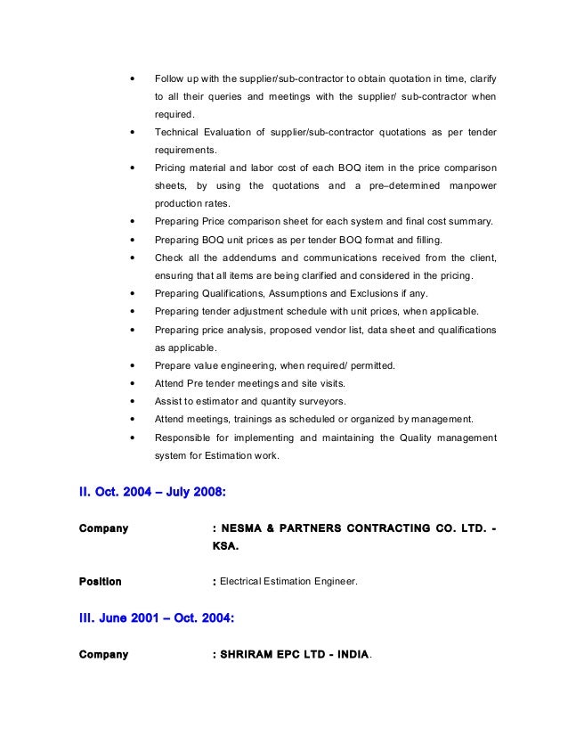 cv electrical estimation engineer electrical estimator resumes
