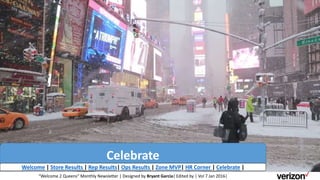 Celebrate
“Welcome 2 Queens” Monthly Newsletter | Designed by Bryant Garcia| Edited by | Vol 7 Jan 2016|
Welcome | Store Results | Rep Results| Ops Results | Zone MVP| HR Corner | Celebrate |
 