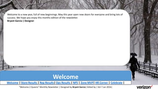 Welcome
Welcome to a new year, full of new beginnings. May this year open new doors for everyone and bring lots of
success. We hope you enjoy this months edition of the newsletter.
Bryant Garcia | Designer
Welcome | Store Results | Rep Results| Ops Results | NPS | Zone MVP| HR Corner | Celebrate |
“Welcome 2 Queens” Monthly Newsletter | Designed by Bryant Garcia| Edited by | Vol 7 Jan 2016|
 
