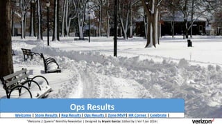 Ops Results
“Welcome 2 Queens” Monthly Newsletter | Designed by Bryant Garcia| Edited by | Vol 7 Jan 2016|
Welcome | Store Results | Rep Results| Ops Results | Zone MVP| HR Corner | Celebrate |
 