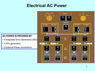 Electrical AC Power <ul><li>AC POWER IS PROVIDED BY : </li></ul><ul><li>4 Integrated Drive Generators (IDG) </li></ul><ul>...