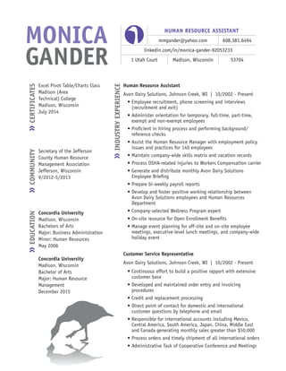 HUMAN RESOURCE ASSISTANT
mmgander@yahoo.com 608.381.6494
linkedin.com/in/monica-gander-92053233
1 Utah Court Madison, Wisconsin 53704
Excel Pivot Table/Charts Class
Madison (Area
Technical) College
Madison, Wisconsin
July 2014
Secretary of the Jefferson
County Human Resource
Management Association
Jefferson, Wisconsin
9/2012-5/2013
Concordia University
Madison, Wisconsin
Bachelors of Arts
Major: Business Administration
Minor: Human Resources
May 2006
Concordia University
Madison, Wisconsin
Bachelor of Arts
Major: Human Resource
Management
December 2015
Human Resource Assistant
Avon Dairy Solutions, Johnson Creek, WI | 10/2002 - Present
•	Employee recruitment, phone screening and interviews
(recruitment and exit)
•	Administer orientation for temporary, full-time, part-time,
exempt and non-exempt employees
•	Proficient in hiring process and performing background/
reference checks
•	Assist the Human Resource Manager with employment policy
issues and practices for 140 employees
•	Maintain company-wide skills matrix and vacation records
•	Process OSHA-related injuries to Workers Compensation carrier
•	Generate and distribute monthly Avon Dairy Solutions
Employee Briefing
•	Prepare bi-weekly payroll reports
•	Develop and foster positive working relationship between
Avon Dairy Solutions employees and Human Resources
Department
•	Company-selected Wellness Program expert
•	On-site resource for Open Enrollment Benefits
•	Manage event planning for off-site and on-site employee
meetings, executive-level lunch meetings, and company-wide
holiday event
Customer Service Representative
Avon Dairy Solutions, Johnson Creek, WI | 10/2002 - Present
•	Continuous effort to build a positive rapport with extensive
customer base
•	Developed and maintained order entry and invoicing
procedures
•	Credit and replacement processing
•	Direct point of contact for domestic and international
customer questions by telephone and email
•	Responsible for international accounts including Mexico,
Central America, South America, Japan, China, Middle East
and Canada generating monthly sales greater than $50,000
•	Process orders and timely shipment of all international orders
•	Administrative Task of Cooperative Conference and Meetings
 