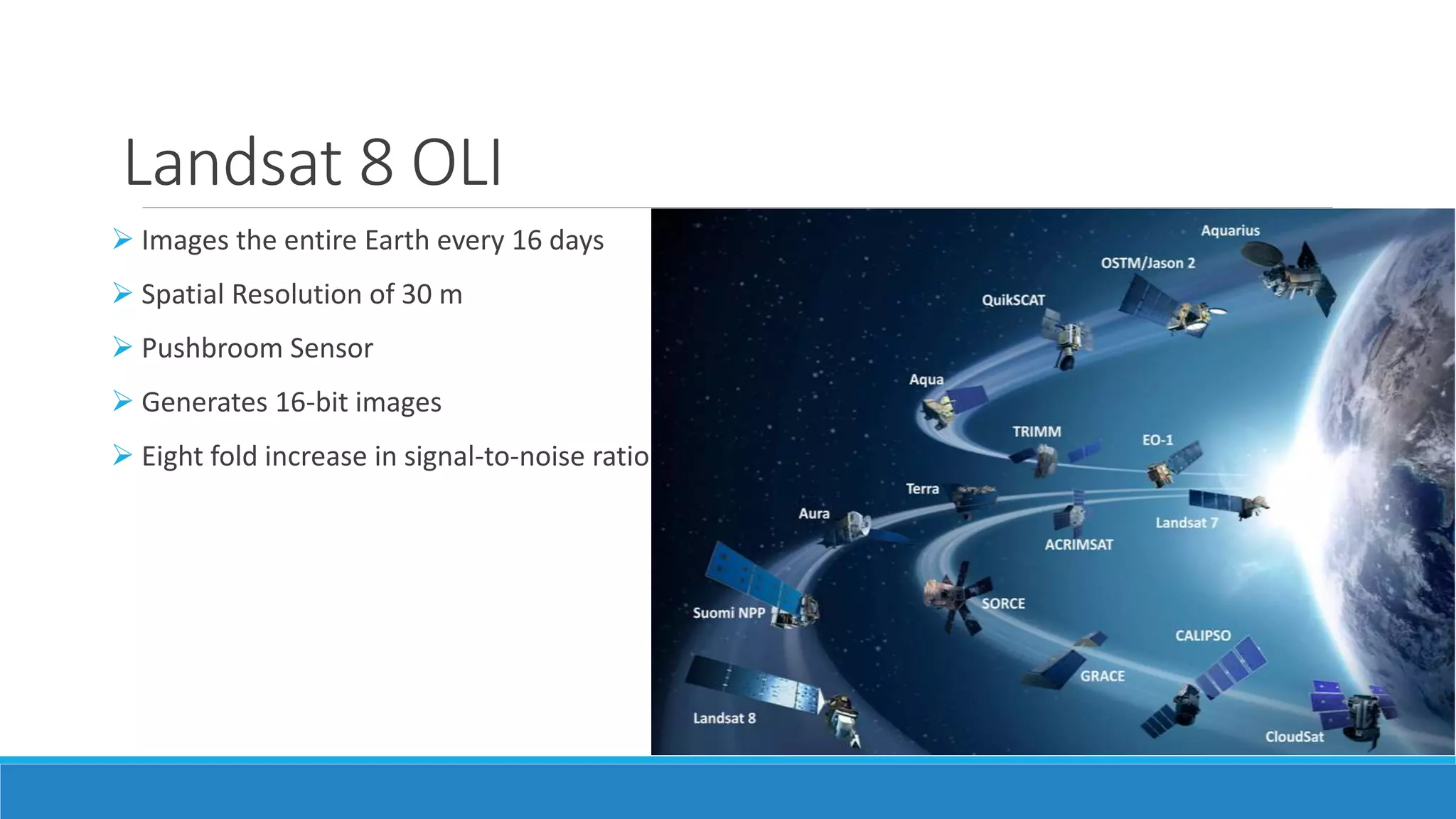 Landsat 8 OLI
 Images the entire Earth every 16 days
 Spatial Resolution of 30 m
 Pushbroom Sensor
 Generates 16-bit images
 Eight fold increase in signal-to-noise ratio
 