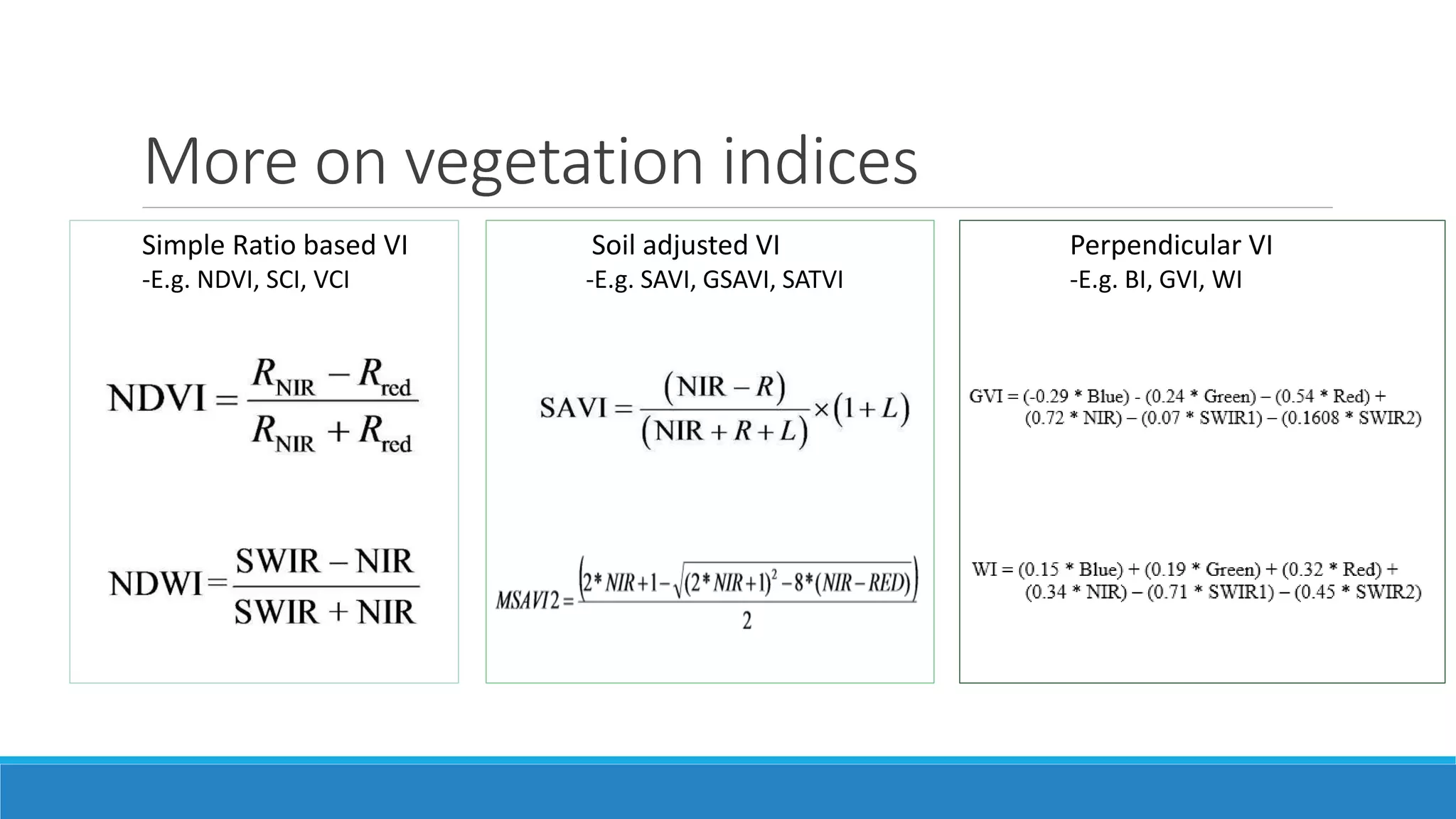 More on vegetation indices
Simple Ratio based VI
-E.g. NDVI, SCI, VCI
Soil adjusted VI
-E.g. SAVI, GSAVI, SATVI
Perpendicular VI
-E.g. BI, GVI, WI
 