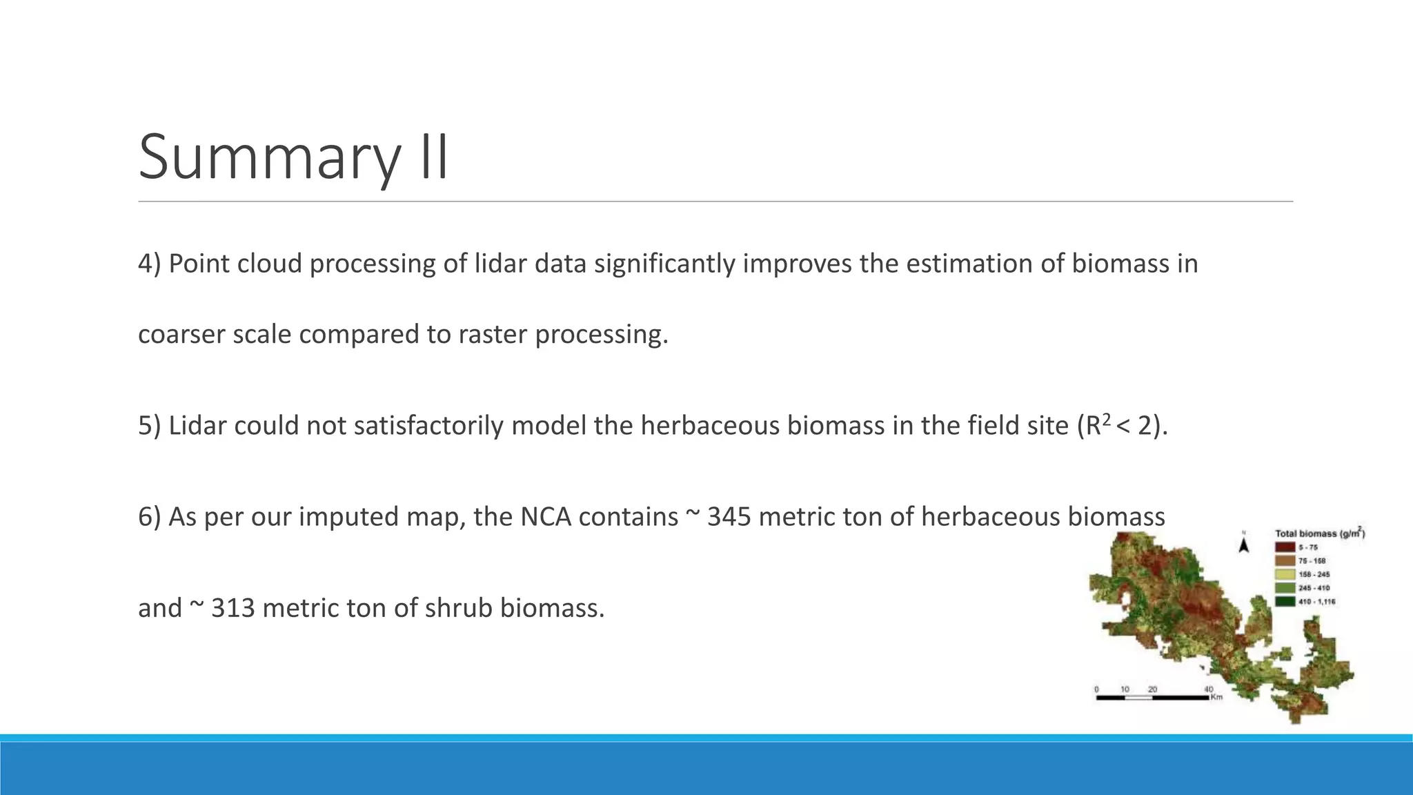 Summary II
4) Point cloud processing of lidar data significantly improves the estimation of biomass in
coarser scale compared to raster processing.
5) Lidar could not satisfactorily model the herbaceous biomass in the field site (R2 < 2).
6) As per our imputed map, the NCA contains ~ 345 metric ton of herbaceous biomass
and ~ 313 metric ton of shrub biomass.
 